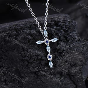 Delicate Cross Necklace Marquise Cut Natural Aquamarine Pendant Flower Round Sapphire Wedding Necklace Birthstone Handmade Gifts For Women
