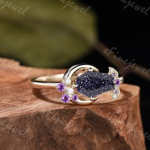 Unique coffin blue sandstone moon engagement ring cluster galaxy star amethyst wedding ring yellow gold bat custom proposal gift for women