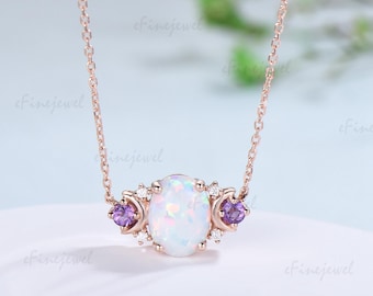 Vintage Mond Opal Amethyst Anhänger Halskette Einzigartige Natur Inspiriert Feuer Opal Anhänger Alternative Nette Amethyst Moissanite Halskette für Frauen