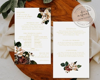 5.5x8.5 Magnolia Printable Wedding Program, Wedding Program Template, DIY Program, Instant Download, Editable Template Digital Download