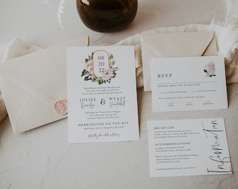 AMELIA | Wedding Invitation Suite, Editable Template, Digital Download, Response Card, Details Card, Watercolor Blush and Plum Flowers
