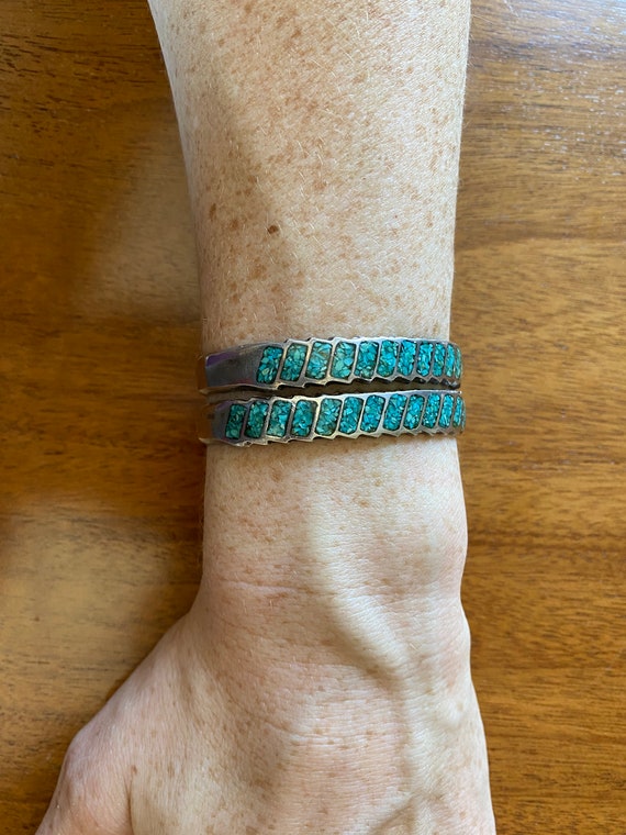 Pair of Vintage Zuni Crushed Turquoise Inlay Cuff… - image 1