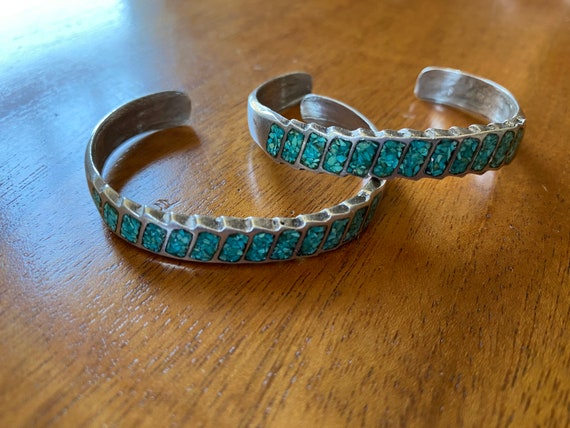 Pair of Vintage Zuni Crushed Turquoise Inlay Cuff… - image 3