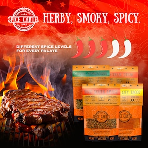 May include: Four different spice blends for grilling, labeled "Gaucho Chimichurri", "Montreal Steak", "Deep South Creole", and "City Tacos". Each blend has a spice level rating with chili peppers. The blends are packaged in small, clear plastic bags with a red and white label featuring the text "Spice Cartel" and a star design.