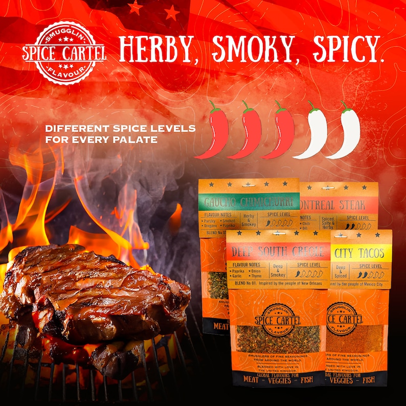 May include: Four different spice blends for grilling, labeled "Gaucho Chimichurri", "Montreal Steak", "Deep South Creole", and "City Tacos". Each blend has a spice level rating with chili peppers. The blends are packaged in small, clear plastic bags with a red and white label featuring the text "Spice Cartel" and a star design.