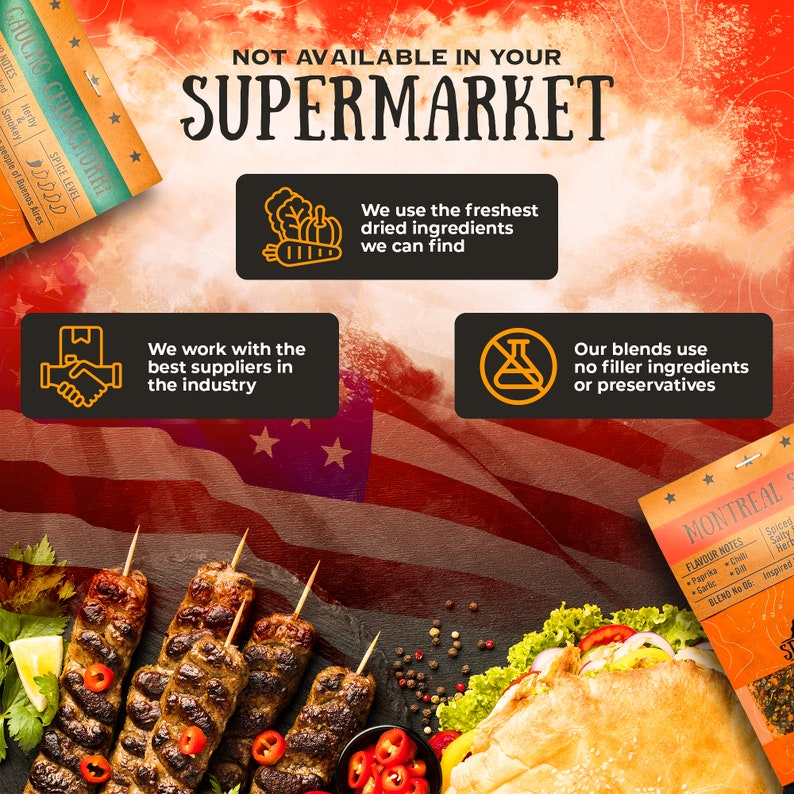 May include: A red, white, and blue American flag background with a variety of spices and seasonings. The text "NOT AVAILABLE IN YOUR SUPERMARKET" is displayed in large, bold letters. The text "We use the freshest dried ingredients we can find" is displayed in a white box with a green, red, and orange vegetable illustration. The text "We work with the best suppliers in the industry" is displayed in a black box with a handshake illustration. The text "Our blends use no filler ingredients or preservatives" is displayed in a black box with a beaker illustration. A package of Montreal Steak Seasoning is displayed in the lower right corner of the image. The package is brown with white text and stars. The text "FLAVOUR NOTES" is displayed in a white box with black text. The text "Spiced Paprika Chili Garlic 08 Herby" is displayed in a white box with black text. The text "BLEND No 06: Inspired" is displayed in a white box with black text. The text "MONTREAL" is displayed in a white box with black text.