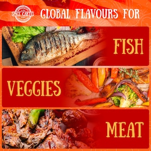 May include: A red and orange graphic with the text "GLOBAL FLAVOURS FOR" at the top. The image is divided into three sections, each with a different food item. The top section shows a grilled fish on a wooden cutting board. The middle section shows a variety of roasted vegetables. The bottom section shows a plate of roasted meat.