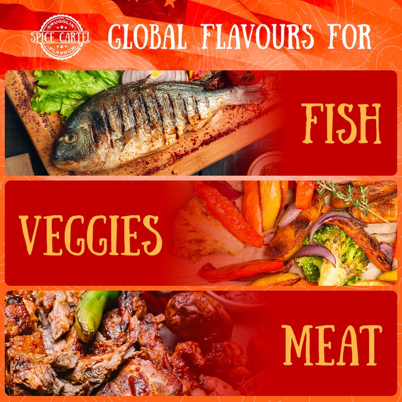 May include: A red and orange graphic with the text "GLOBAL FLAVOURS FOR" at the top. The image is divided into three sections, each with a different food item. The top section shows a grilled fish on a wooden cutting board. The middle section shows a variety of roasted vegetables. The bottom section shows a plate of roasted meat.