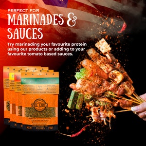 May include: Four small spice packets with different flavors, including "Gaucho Chimichurri" and "M de Flavor". The packets are on a black background with a red, white, and blue flag in the background. The packets are labeled with the text "Spice Cartel" and "Global Flavors for Meat - Veggies - Fish".
