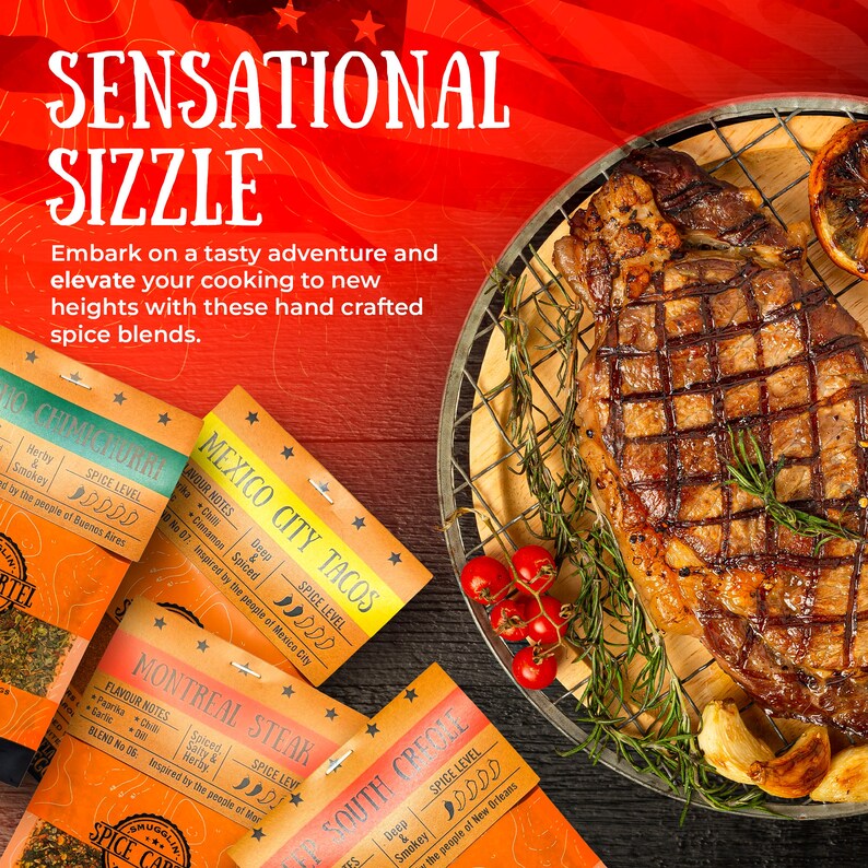 May include: Four spice blends in small, colorful packets with star-shaped accents. The packets are labeled with names like "Chimichurri", "Mexico City Tacos", "Montreal Steak", and "South Creole". The packets are arranged on a wooden surface with a grilled steak, rosemary sprigs, and red tomatoes.