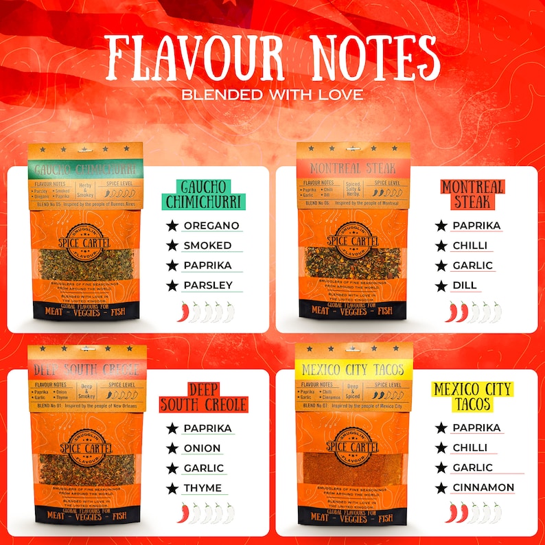 May include: A set of five spice blends in clear plastic pouches with red, white, and black labels. Each pouch features a different flavor profile, including Gaucho Chimichurri, Gaucho Chimichurri, Montreal Steak, Deep South Creole, and Mexico City Tacos. The labels list the ingredients and spice level for each blend. The pouches are arranged in a grid pattern on a red background.