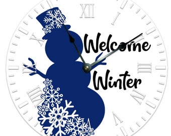 Welcome Winter Wall Clock 12" Diameter, Snowman, Seasonal,