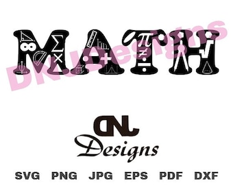 May include: Black and white graphic design of the word "MATH" with various math symbols and shapes incorporated into each letter.