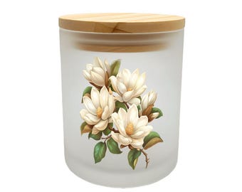 Magnolia Frosted Glass Jar with Lid