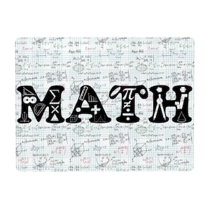 May include: A rectangular mousepad featuring the word MATH in large black letters filled with various mathematical symbols and geometric shapes. The background consists of a light grid paper pattern covered in handwritten equations and diagrams.