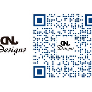 May include: A white background with a black logo that says "CN Designs" in a stylized font. A blue QR code is on the right side of the image, with a smaller version of the logo in the center of the code.