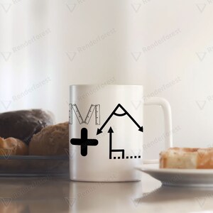 May include: White ceramic mug with black text and illustrations of a protractor, ruler, and plus sign. The text reads "MA + ".