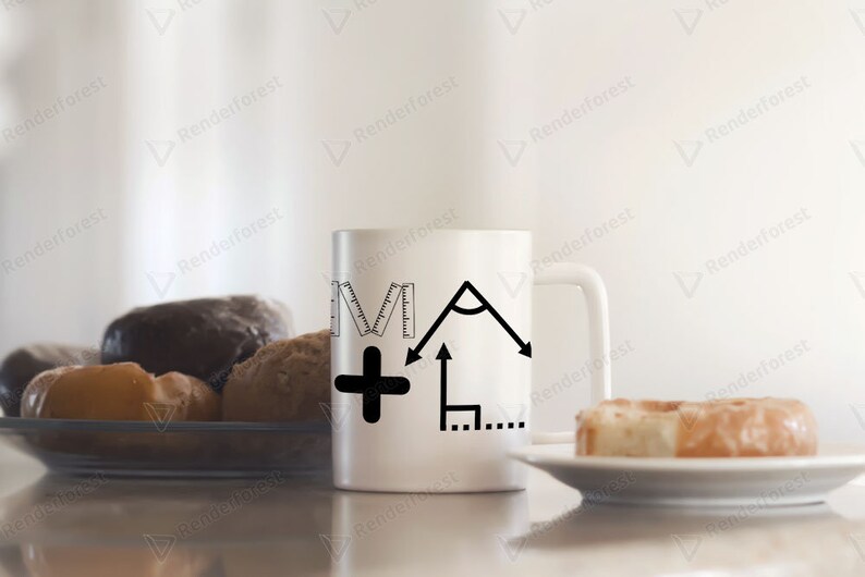 May include: White ceramic mug with black text and illustrations of a protractor, ruler, and plus sign. The text reads "MA + ".
