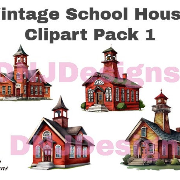 Vintage Schoolhouse Clipart Pack 1, School Building, Old School Building, Old School House, Little Red Schoolhouse, School Clipart, Stickers