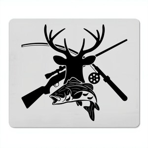 May include: Black and white graphic of a deer head, fish, rifle, and fishing rod. The deer has large antlers, and the fish is open-mouthed. The rifle and fishing rod are crossed behind the deer head, suggesting hunting and fishing.