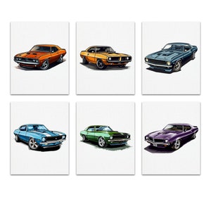 Muscle Car Wooden Inner Framed Painting Set of 6, Digital Art, Prints, Home Decor, Office Decor, Muscle Car Lover, Gift, Workplace Art