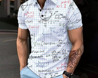 May include: White short-sleeved collared shirt with a grid pattern and mathematical equations printed all over. The equations are in red and black ink. The shirt has black buttons.
