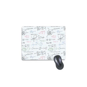 May include: A white mouse pad with a black computer mouse on top. The mouse pad has a pattern of handwritten mathematical equations and graphs on a grid background.