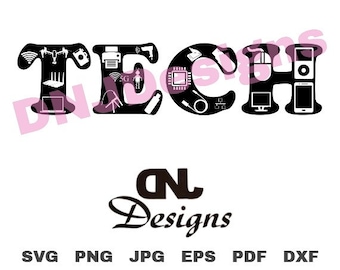 TECH Word Art Cut File Pack, Technology Word Art, Tech Buff, Tech Nerd, Tech Teacher, STEM, STEAM, Clipart, Tech Clipart, Tech School, png