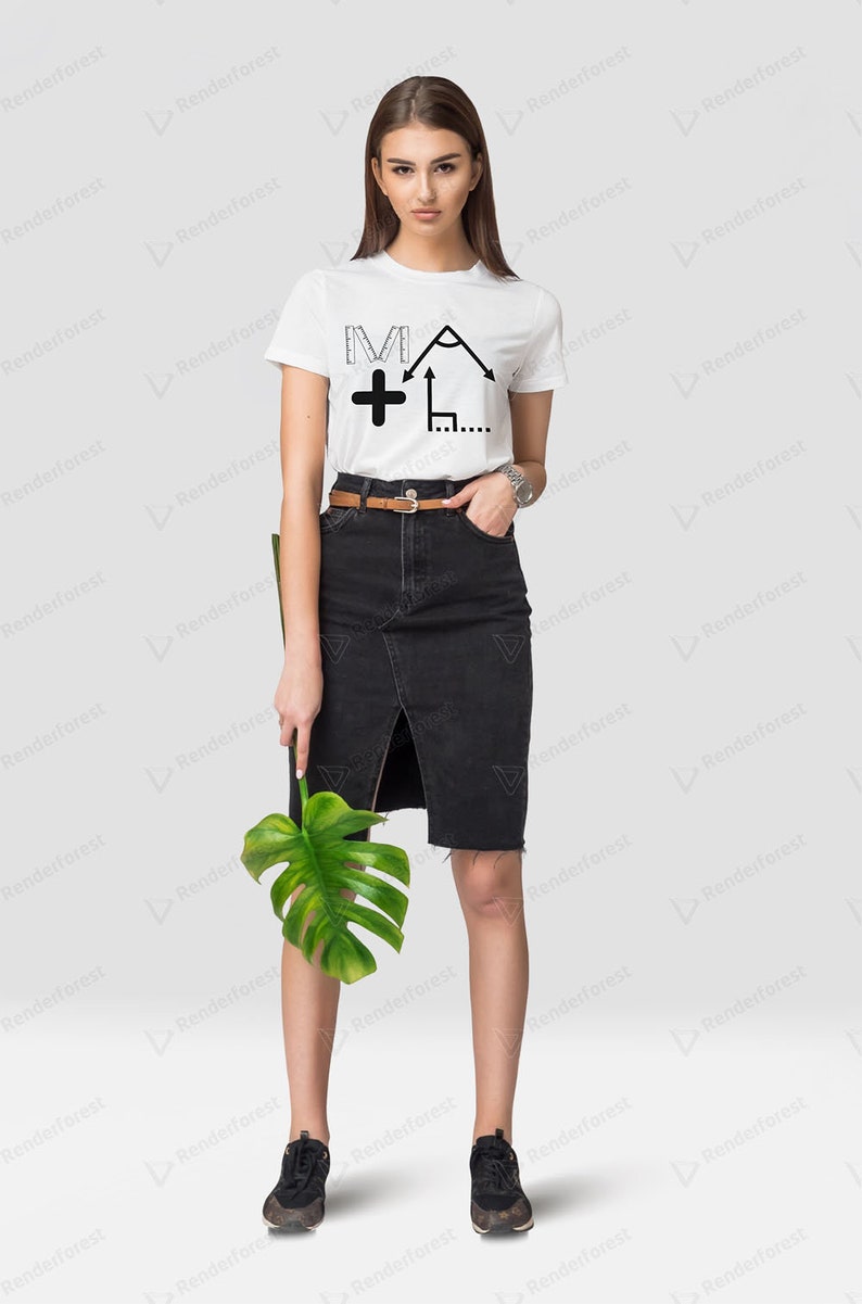 May include: A white t-shirt with a black graphic of a protractor, ruler, and plus sign. The graphic says "MA +" on the shirt. The model is wearing a black skirt and black sneakers.
