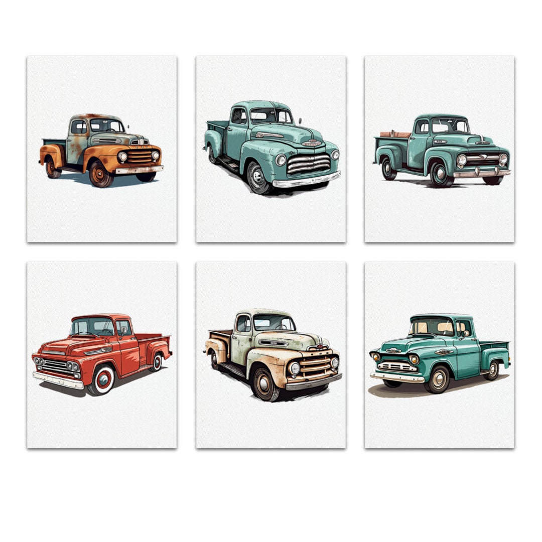 Vintage Pickup Truck Wooden Inner Framed Painting Set of 6, Pickup
