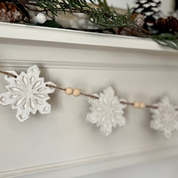 Christmas snowflake garland white winter decor string wooden balls farmhouse mantle decor tree garland ornament