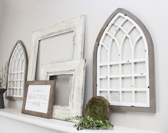 Farmhouse decor window rustic wooden arch/frame customizable by style, size and color, cathedral window, for wall or mantle decorating