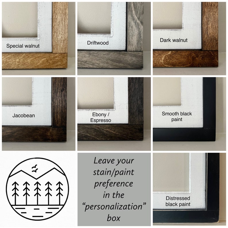 Pu&ograve; includere: Primo piano di diverse opzioni di tinta e vernice per un cartello in legno. Le opzioni includono noce speciale, legno di deriva, noce scuro, jacobean, ebano/espresso, vernice nera liscia e vernice nera invecchiata. Lascia la tua preferenza di tinta/vernice nella casella "personalizzazione".