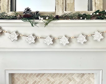 Christmas snowflake garland white winter decor string wooden balls farmhouse mantle decor tree garland ornament