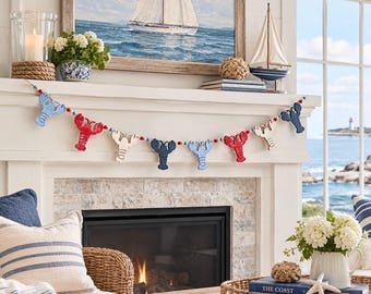 Nautical Lobster garland, Wood Mantle Decor for Ocean Lovers