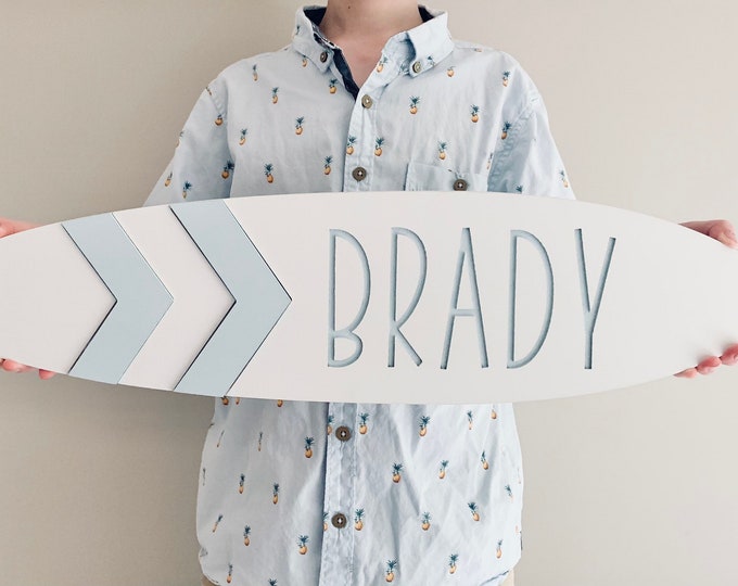 Surfboard personalized baby name sign custom baby sign nursery name sign beach decor boy baby shower gift kids name gifted above crib name