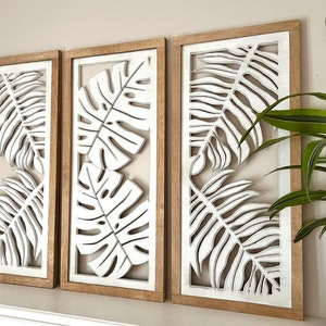Tropical Leaf Wooden Wall Art, Set of 3 Monstera Plant, Palm Leaf Decor ...