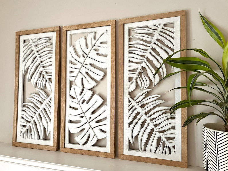 Tropical Leaf Wooden Wall Art, Set of 3 Monstera Plant, Palm Leaf Decor ...
