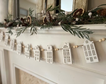 Christmas village white houses tree garland winter village decor holiday string wooden balls mantle garland decor ornament