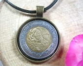 Eagle Snake on Cactus Mexico 2 Pesos Mexicanos Bi-metal Bronze Tone 25mm Bezel Coin Pendant Handmade Jewelry Necklace