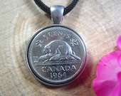 Canadian Beaver Canada 5 Cents 1963-1964 Silver Tone 22mm Coin Pendant Handmade Jewelry 20 quot Black Necklace Unisex His Hers