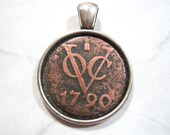 Dutch East 1790 VOC Duit 227 Years Old Spice Trade Pirate Shipwreck Coin Netherlands Indies Silver Tone 22mm Bezel Pendant Jewelry Necklace