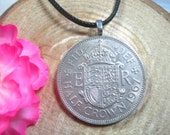Half Crown United Kingdom 1954-1970 Great Britain UK Queen Elizabeth II British Jewelry 18 quot Black Necklace Handmade Pendant