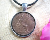 Britannia Trident Great Britain Farthing United Kingdom UK 1911-1925 Silver Tone 22mm Bezel Coin Pendant Handmade Jewelry Necklace