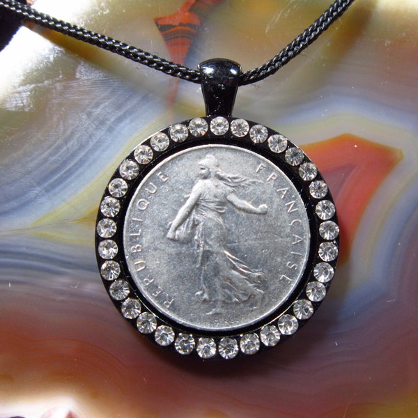 French Walking Liberty · Farmer Sowing Seeds · France Francaise · 1 Franc · Rhinestones 25mm Bezel · Coin Pendant Jewelry Necklace