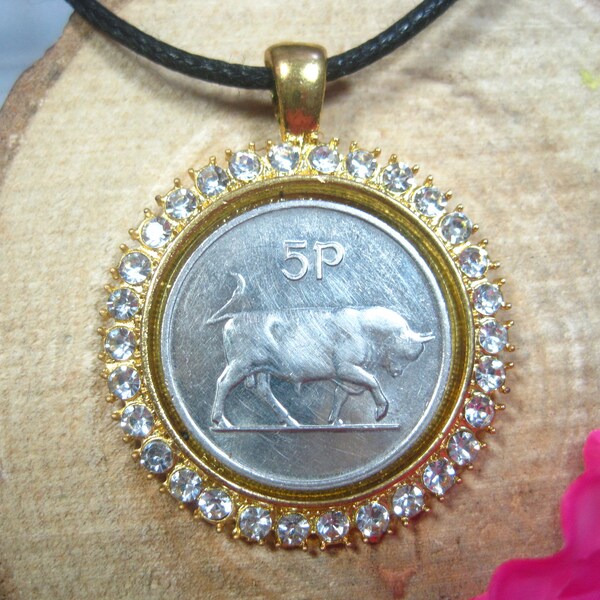 Irish Bull | Ireland Eire | Taurus Toro  | Rhinestone 25mm Bezel Brilliant Sparkle Crystal Coin Jewelry Necklace