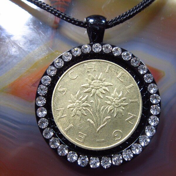 Edelweiss Flowers Plant · Austria Vienna · Austrian Jewelry · Rhinestones 25mm Handmade Coin Pendant · 20" Necklace · Unisex His Hers