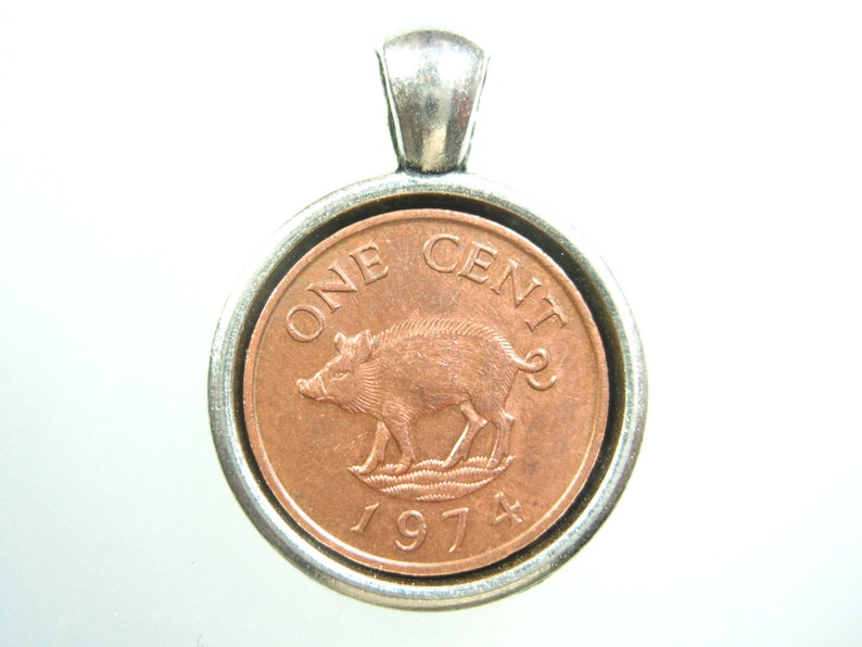 Bermuda Pig Sow Hog 1 Cent 1971 Islands Antique Silver Tone 20mm Bezel Coin Pendant Jewelry Necklace Neckchain