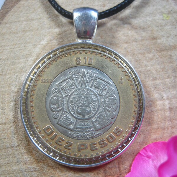 Aztec Calendar · Mayan Culture · Mexico Mexican Jewelry · Silver Tone 30mm Coin Pendant Handmade Jewelry · 20" Black Necklace