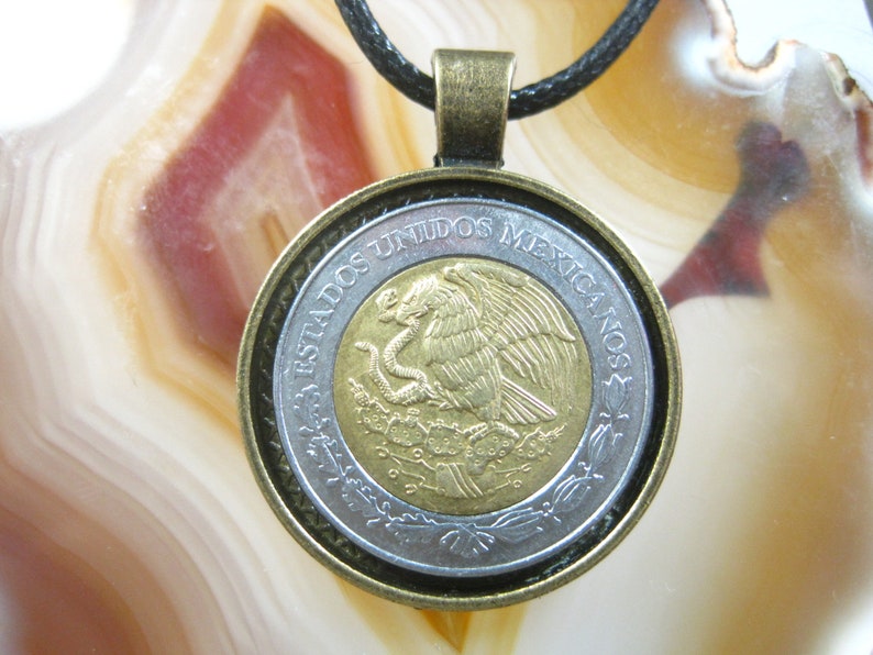 2 Pesos Mexicanos Bi-metal Bronze Tone 25mm Bezel Coin Pendant Handmade Jewelry Necklace Eagle Snake on Cactus Mexico